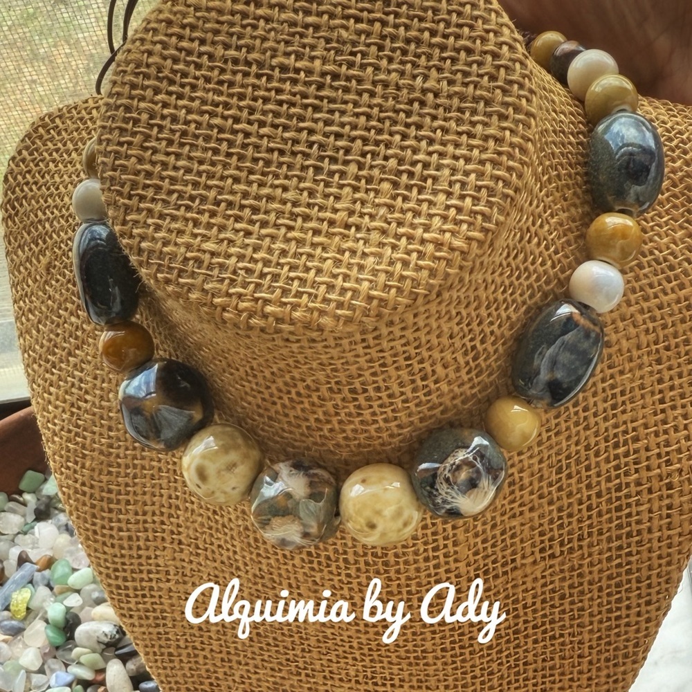 Adjustable big bubble beads choker necklace ceramic and jasper necklace